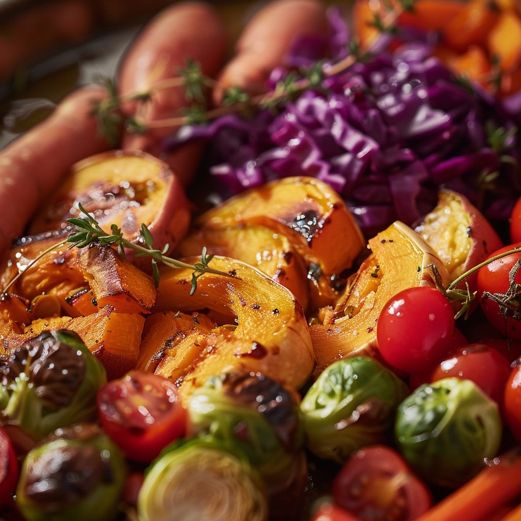A close-up of a vibrant fall vegetable platter featuring roasted pumpkin, brussels sprouts, sweet potatoes, carrots, red bell pepper, purple cabbage, and cherry tomatoes.