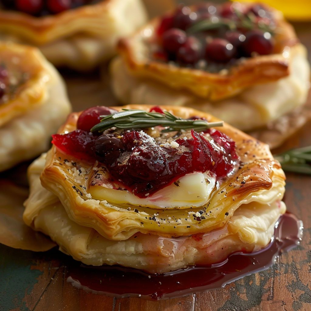 Close-up of golden baked cranberry brie bites with a flaky pastry crust and glistening cranberry sauce.