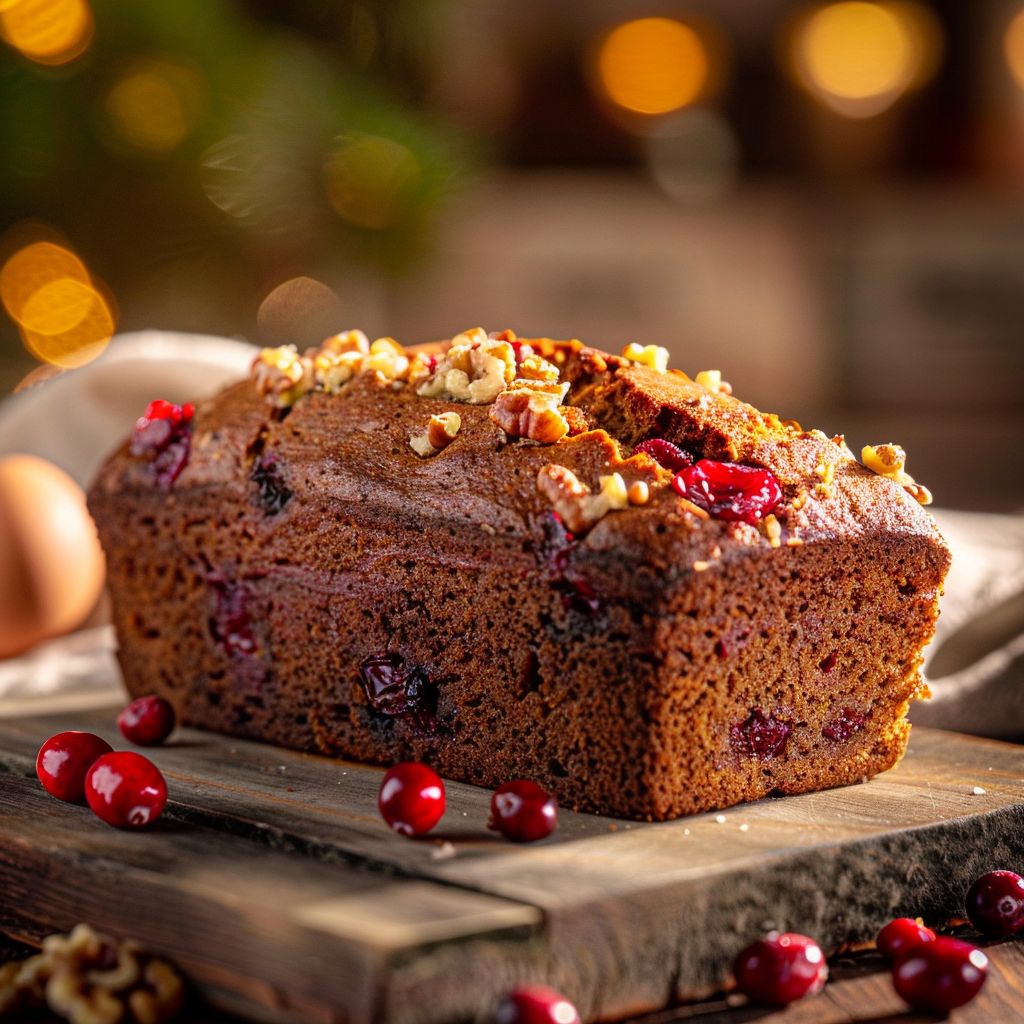 Close-up of a loaf of homemade cranberry bread with a golden crust and visible cranberries.