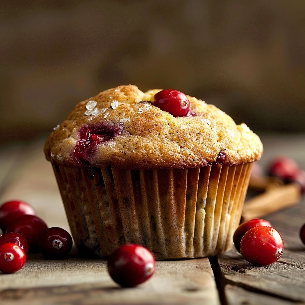 Close-up shot of freshly baked cranberry muffins with a golden crust and a soft interior.