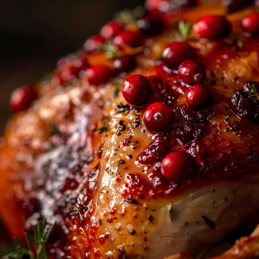 Close-up of a glazed turkey breast with cranberry orange sauce, showcasing golden skin and vibrant colors.