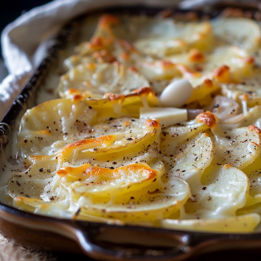 Close-up of creamy Scalloped Potatoes with melted cheese and soft layers.