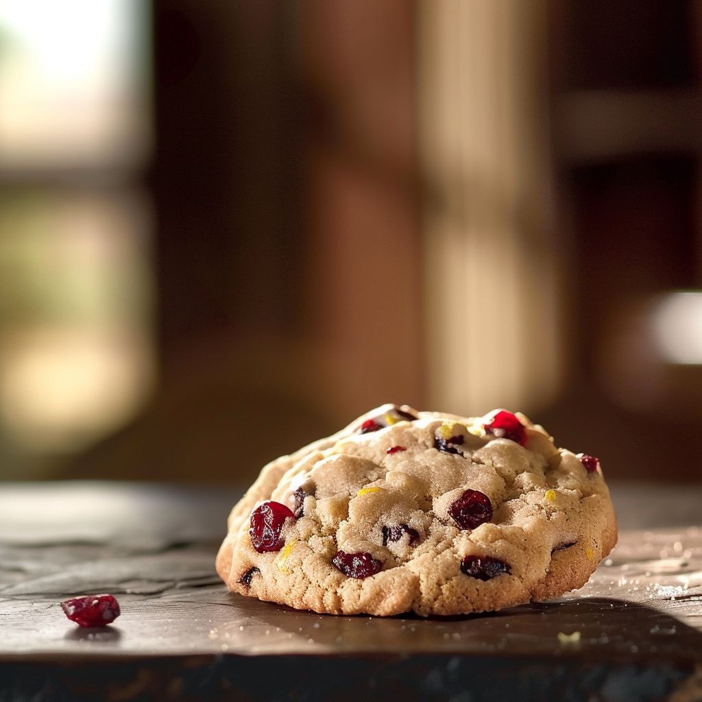 Close-up of a lemon cranberry cookie with a golden-brown surface and visible dried cranberries.