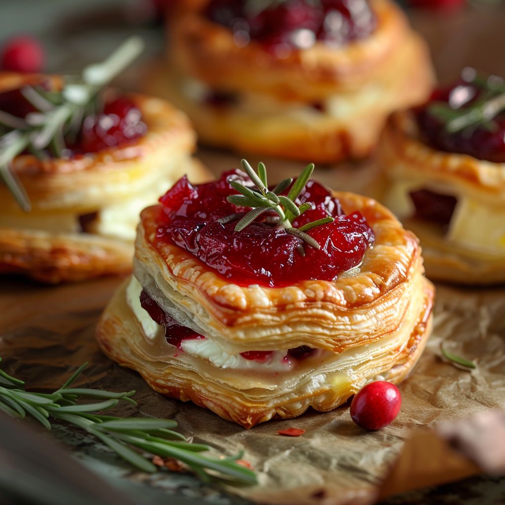 Close-up of baked cranberry brie bites on a wooden board, garnished with rosemary.