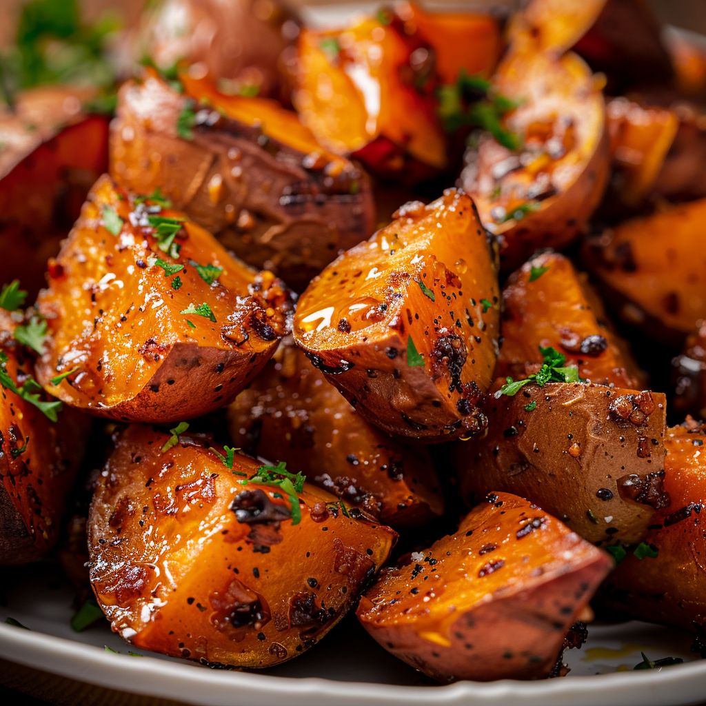Close-up of crispy honey cinnamon sweet potatoes with a golden-brown glaze.