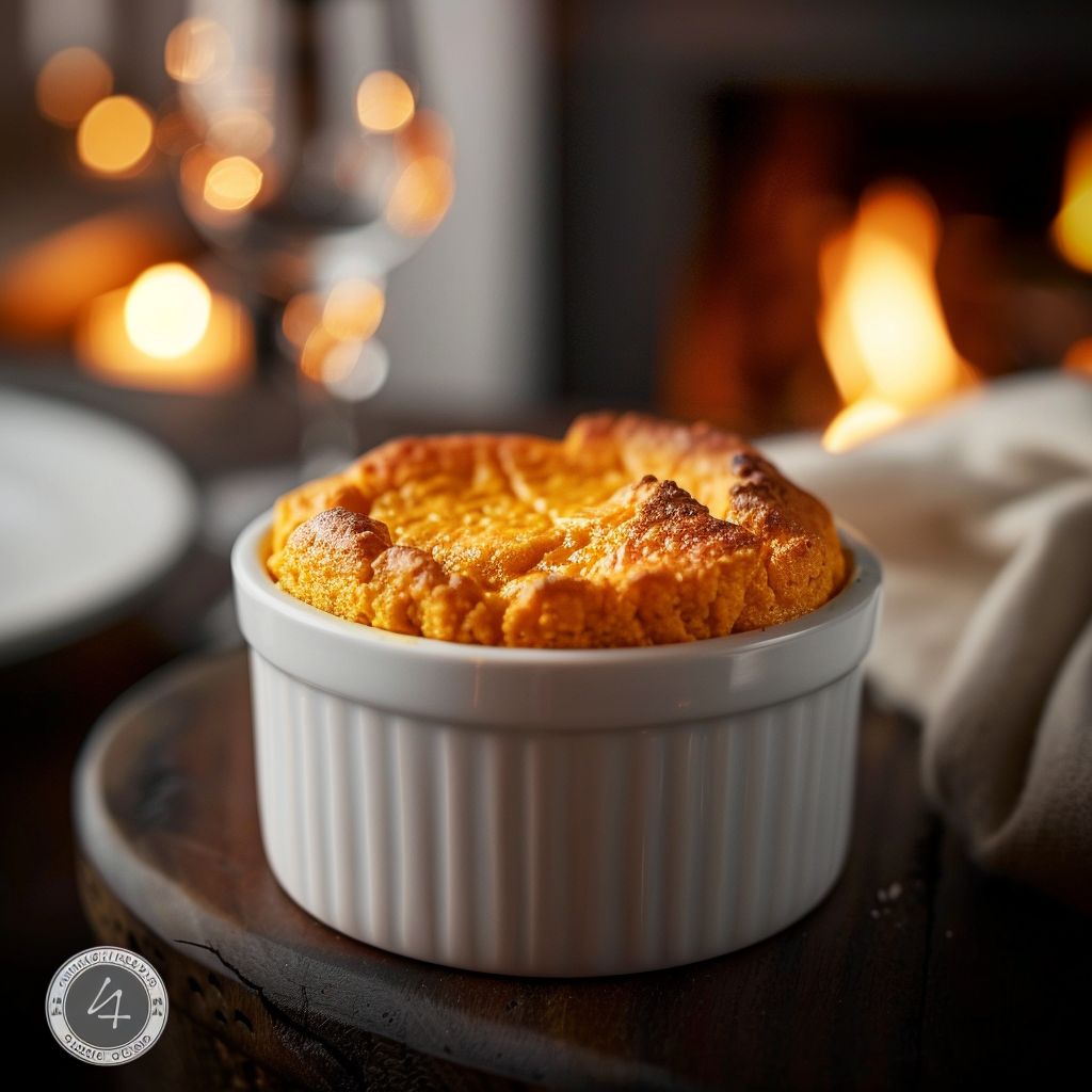 Close-up of a golden-brown sweet potato soufflé with a fluffy texture.
