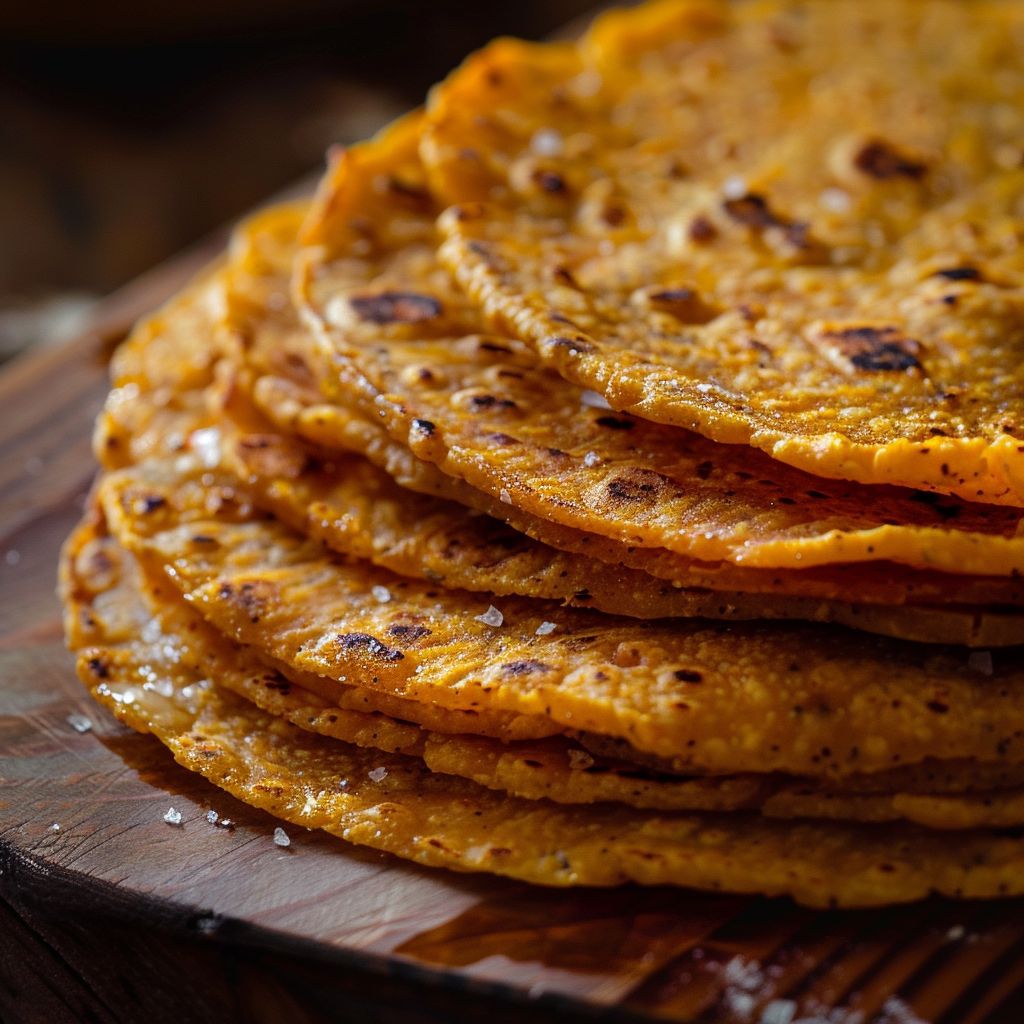 Close-up of warm sweet potato tortillas arranged on a rustic wooden surface, with a soft focus background.