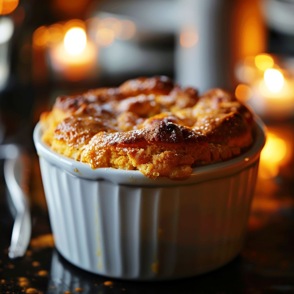 A close-up view of a fluffy Sweet Potato Soufflé with a golden-brown top, showing its airy texture.