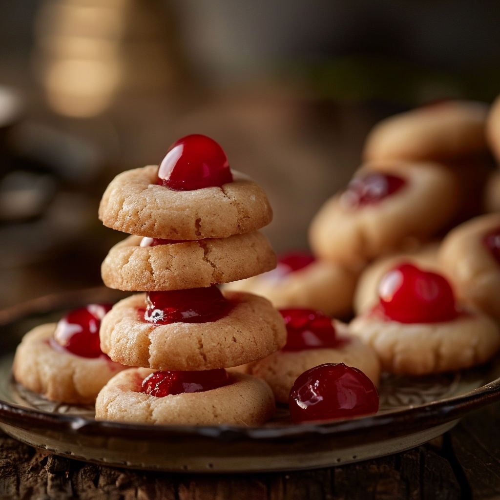 A close-up of a Cherry Vanilla Butter Button cookie garnished with a maraschino cherry, showcasing its buttery texture.