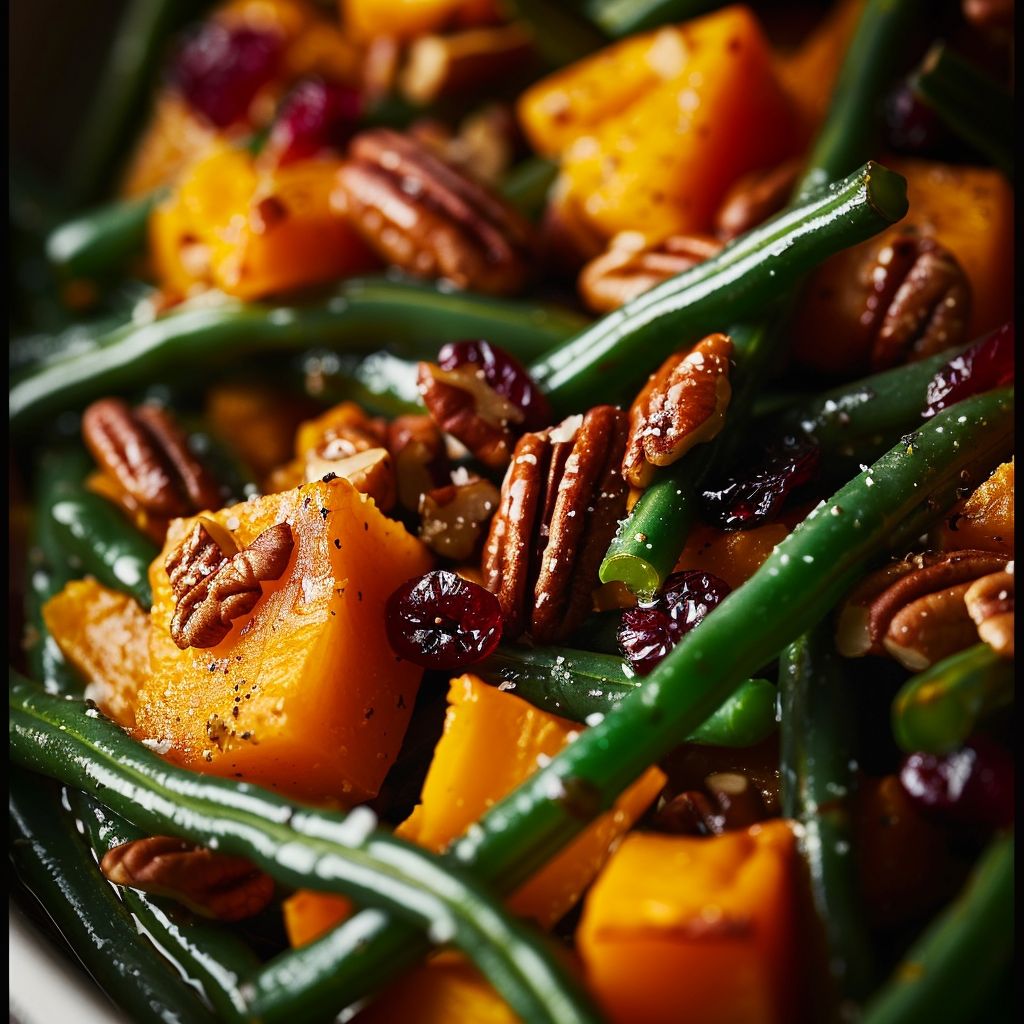 Close-up of green beans mixed with diced butternut squash, chopped pecans, and dried cranberries on a rustic wooden table.