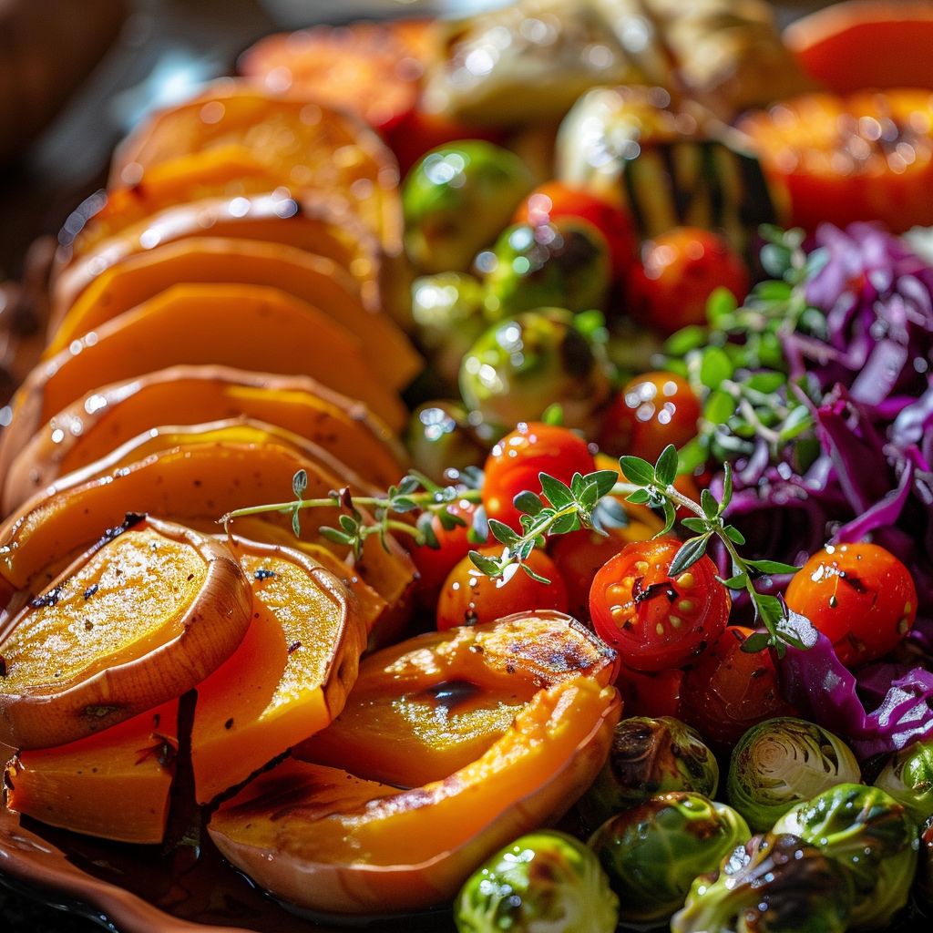 A close-up of a vibrant fall vegetable platter featuring roasted pumpkin, brussels sprouts, sweet potatoes, carrots, red bell pepper, purple cabbage, and cherry tomatoes.