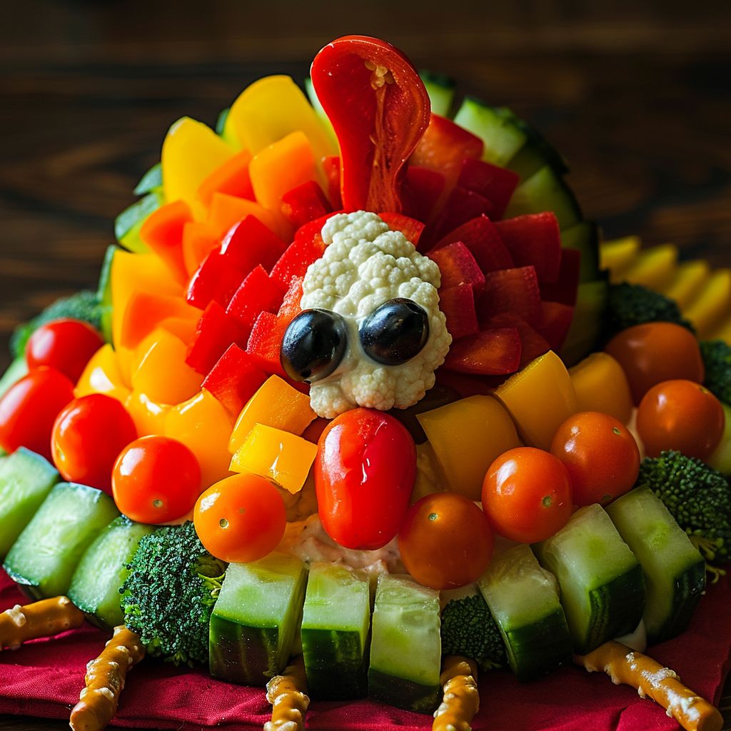 A colorful veggie tray shaped like a turkey, featuring cucumbers, bell peppers, cherry tomatoes, and more.