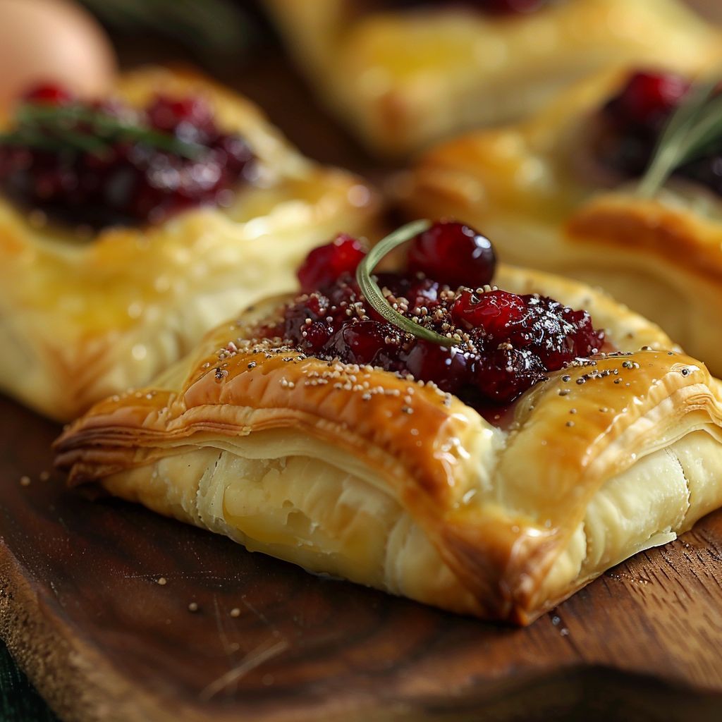 Close-up of golden baked cranberry brie bites with a flaky pastry crust and glistening cranberry sauce.