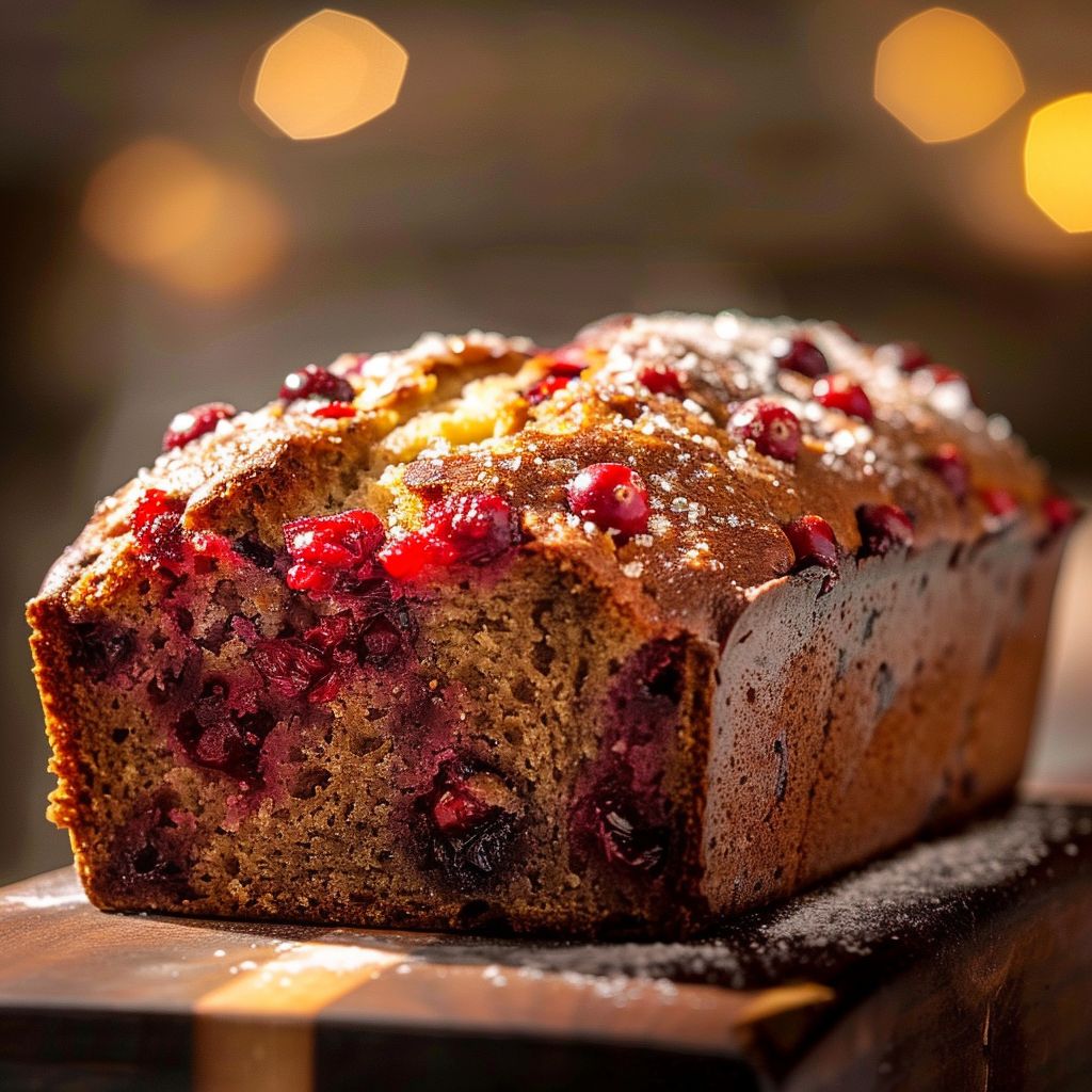 Close-up of a loaf of homemade cranberry bread with a golden crust and visible cranberries.