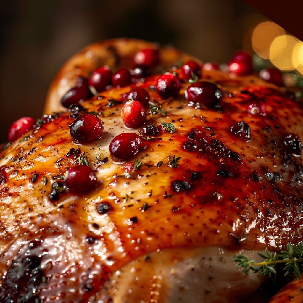 Close-up of a glazed turkey breast with cranberry orange sauce, showcasing golden skin and vibrant colors.
