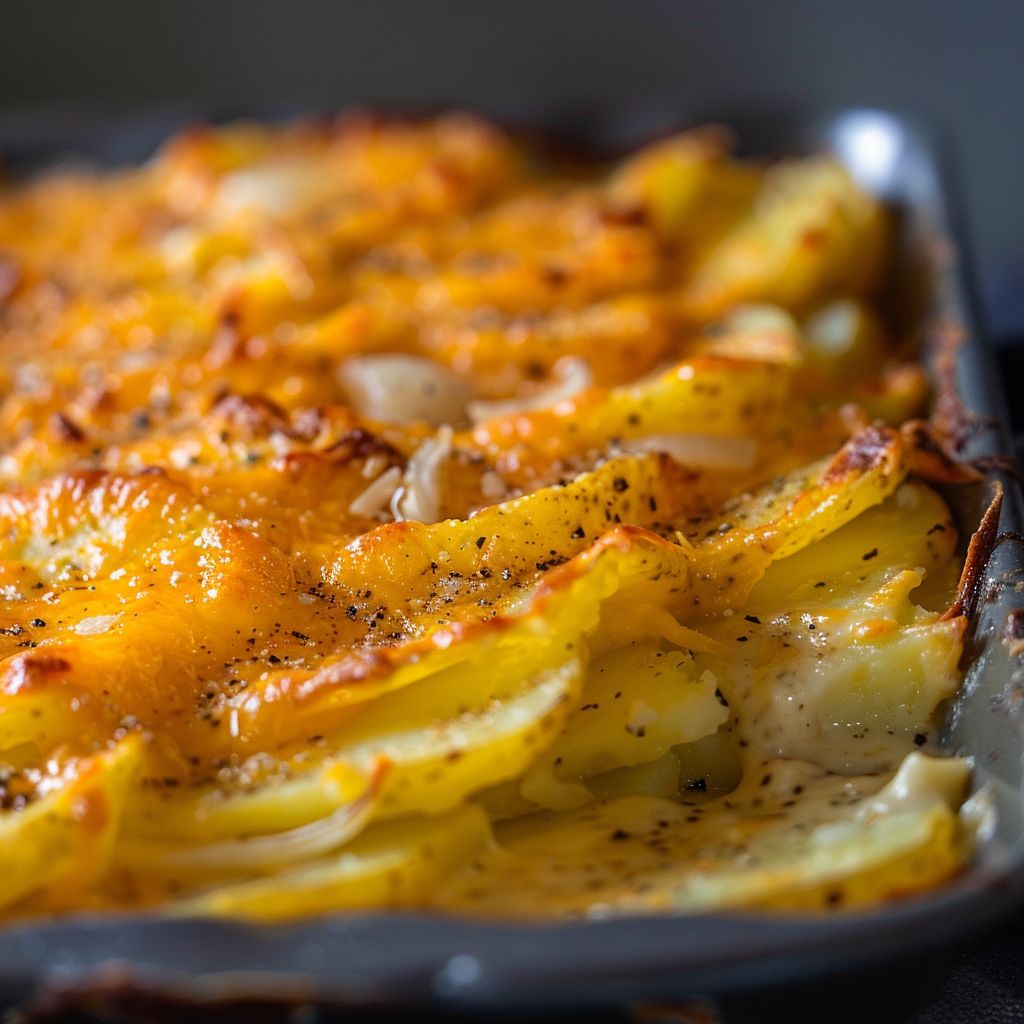 Close-up of creamy Scalloped Potatoes with melted cheese and soft layers.