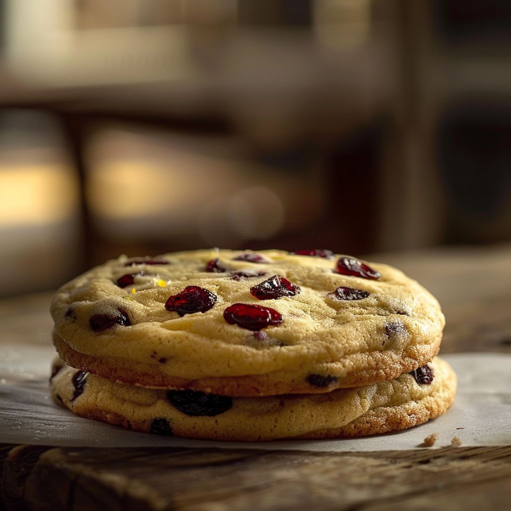 Close-up of a lemon cranberry cookie with a golden-brown surface and visible dried cranberries.