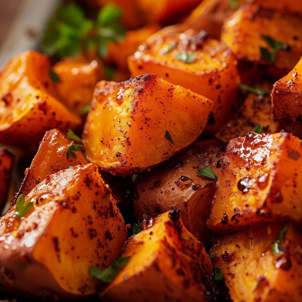 Close-up of crispy honey cinnamon sweet potatoes with a golden-brown glaze.