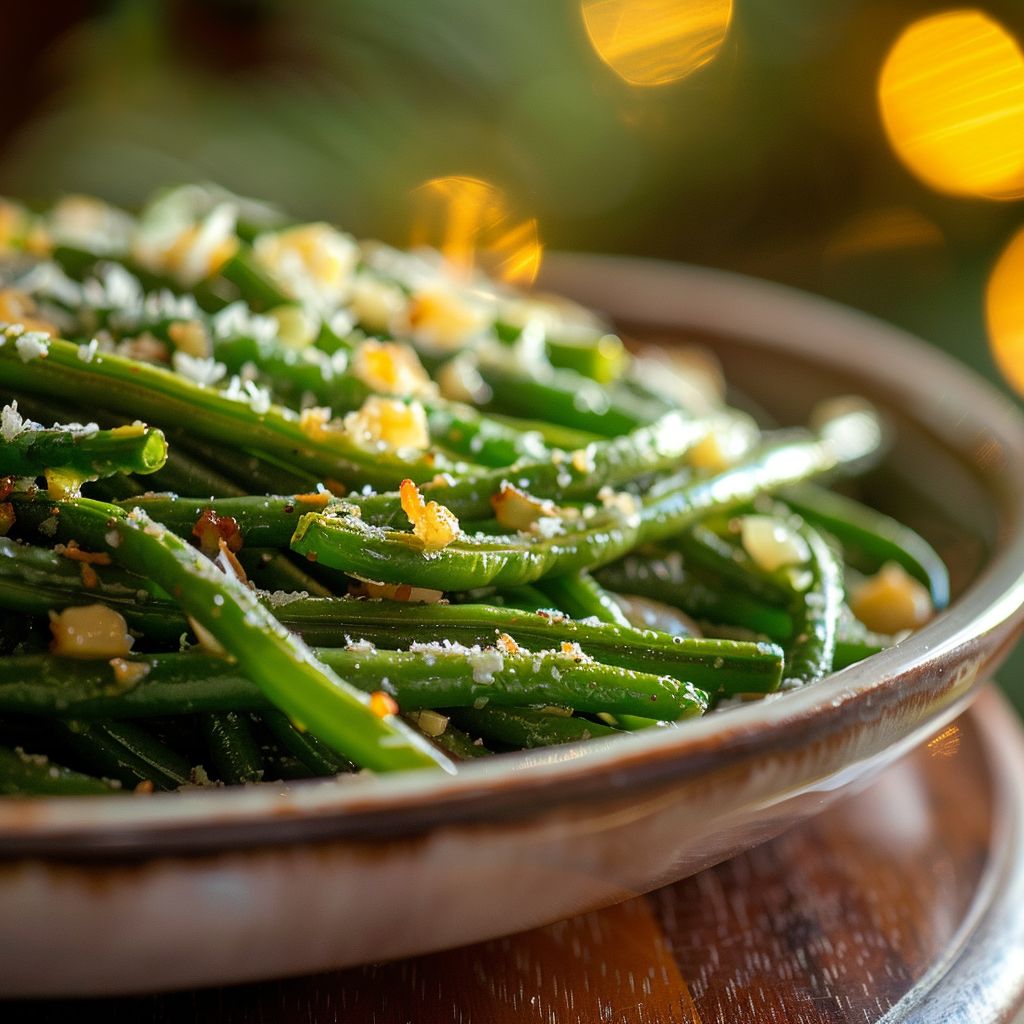 Close-up of roasted green beans sprinkled with garlic and parmesan on a plate, illuminated by warm light.