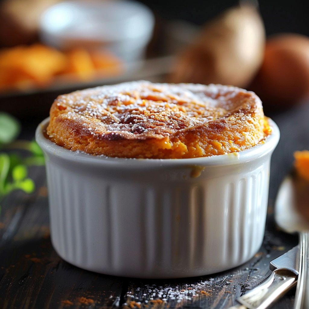 Close-up of a golden-brown sweet potato soufflé with a fluffy texture.
