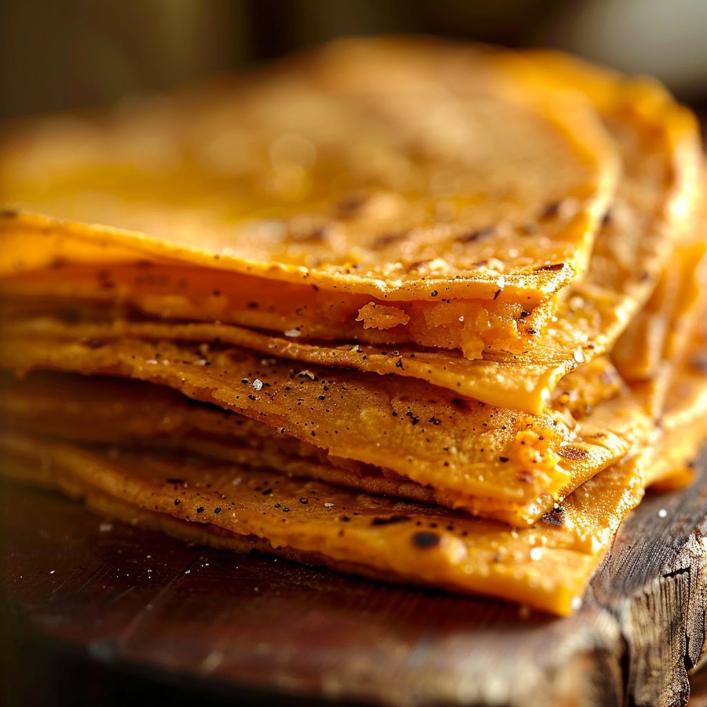 Close-up of warm sweet potato tortillas arranged on a rustic wooden surface, with a soft focus background.