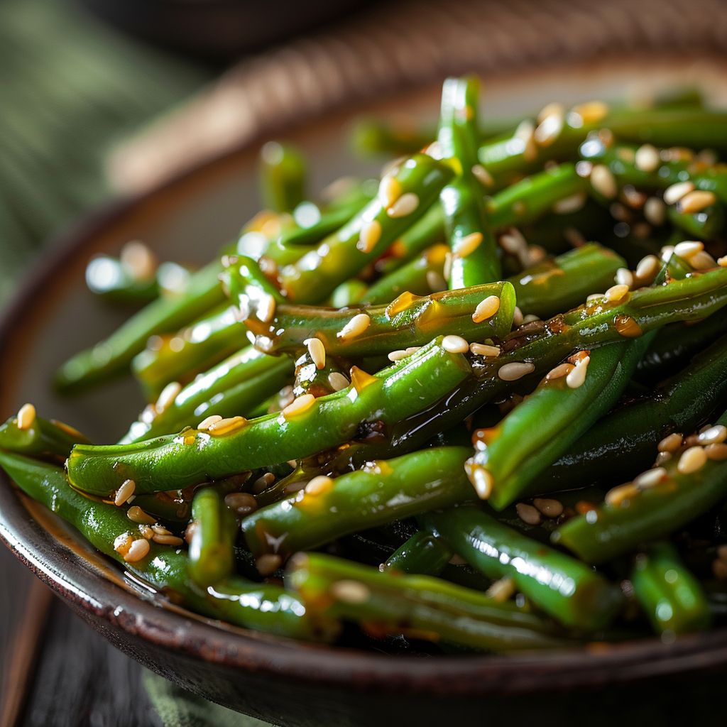 Close-up of honey garlic green beans on a rustic wooden table, glistening with sauce.