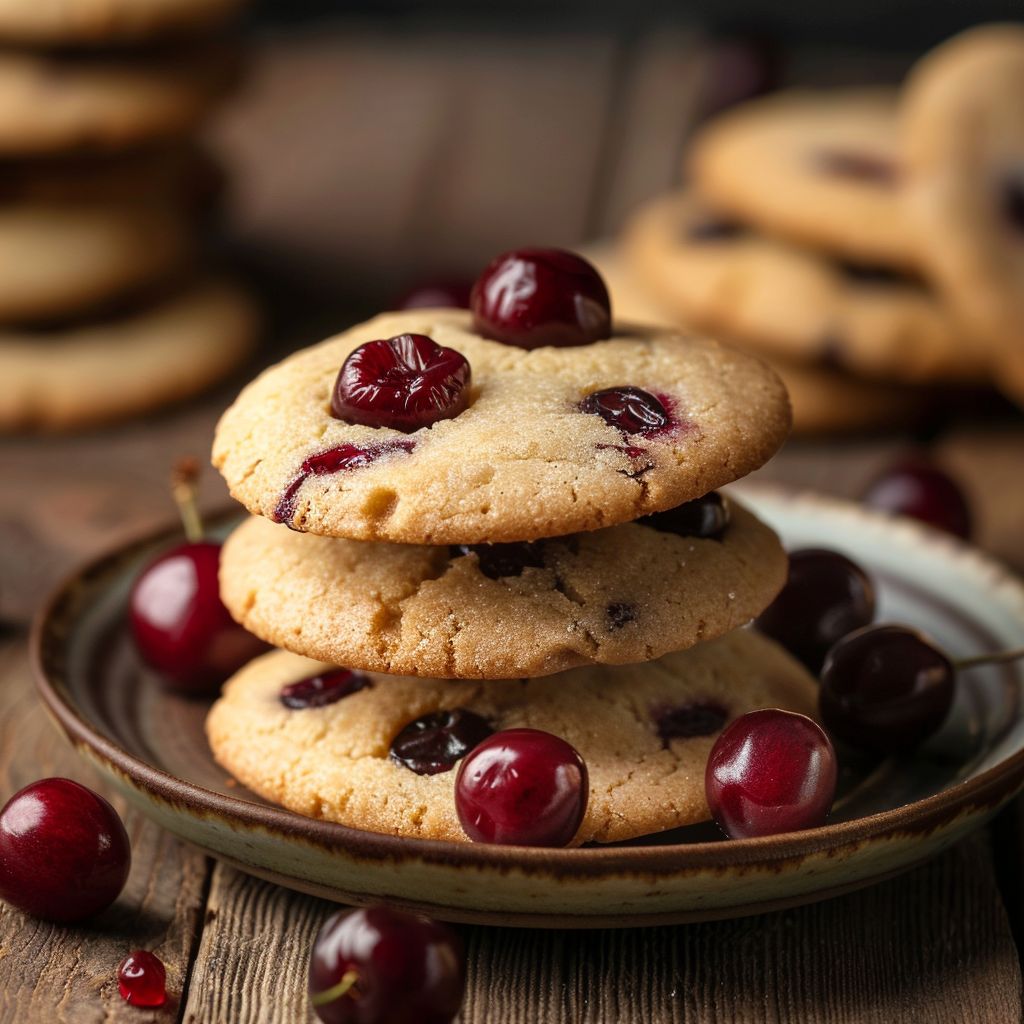 A close-up of a Cherry Vanilla Butter Button cookie garnished with a maraschino cherry, showcasing its buttery texture.