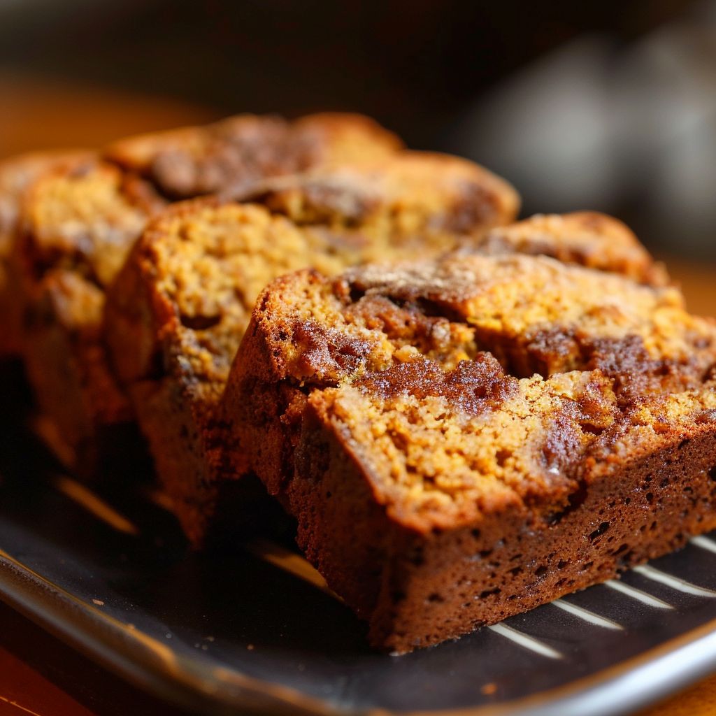 A close-up of a slice of cinnamon pumpkin bread with a golden-brown crust and soft texture.