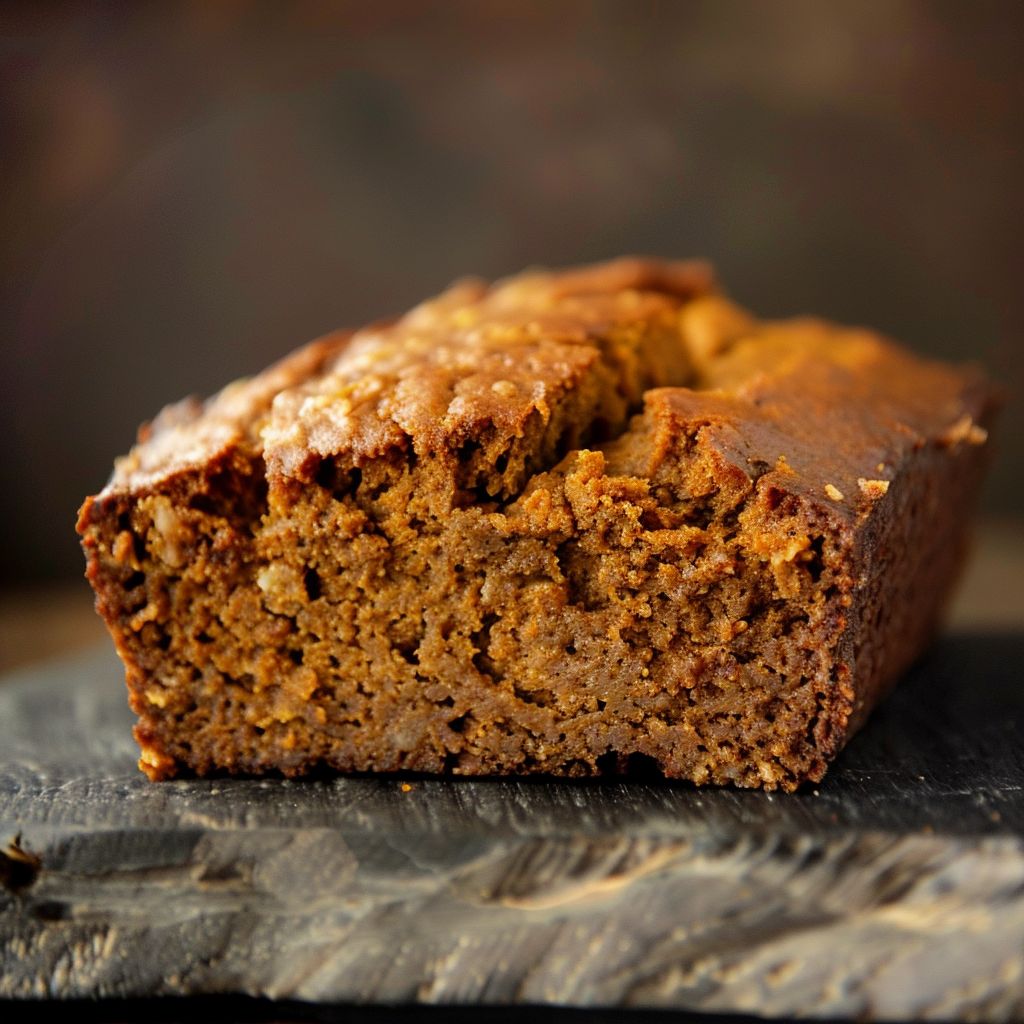 A slice of moist pumpkin bread topped with brown sugar pecans on a wooden surface.