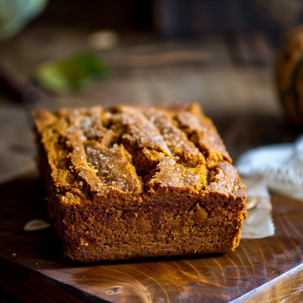 A sliced piece of moist pumpkin bread topped with brown sugar pecans on a wooden surface.
