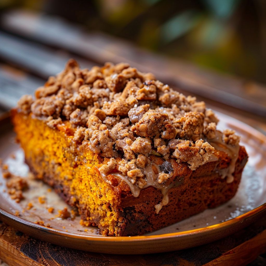 A freshly baked pumpkin bread topped with a golden brown streusel, displayed on a wooden cutting board.