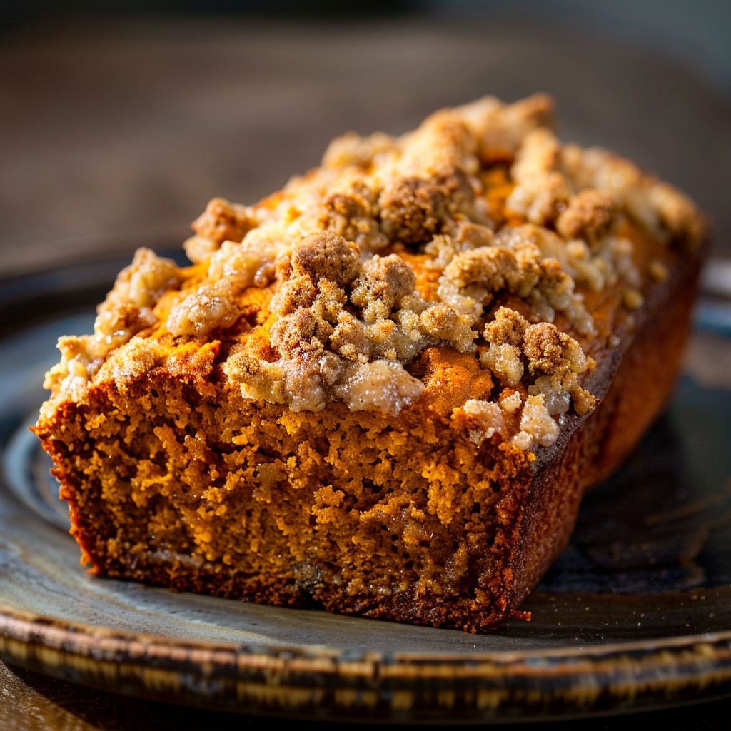 A freshly baked pumpkin bread topped with a crumbly streusel, displayed on a wooden board.