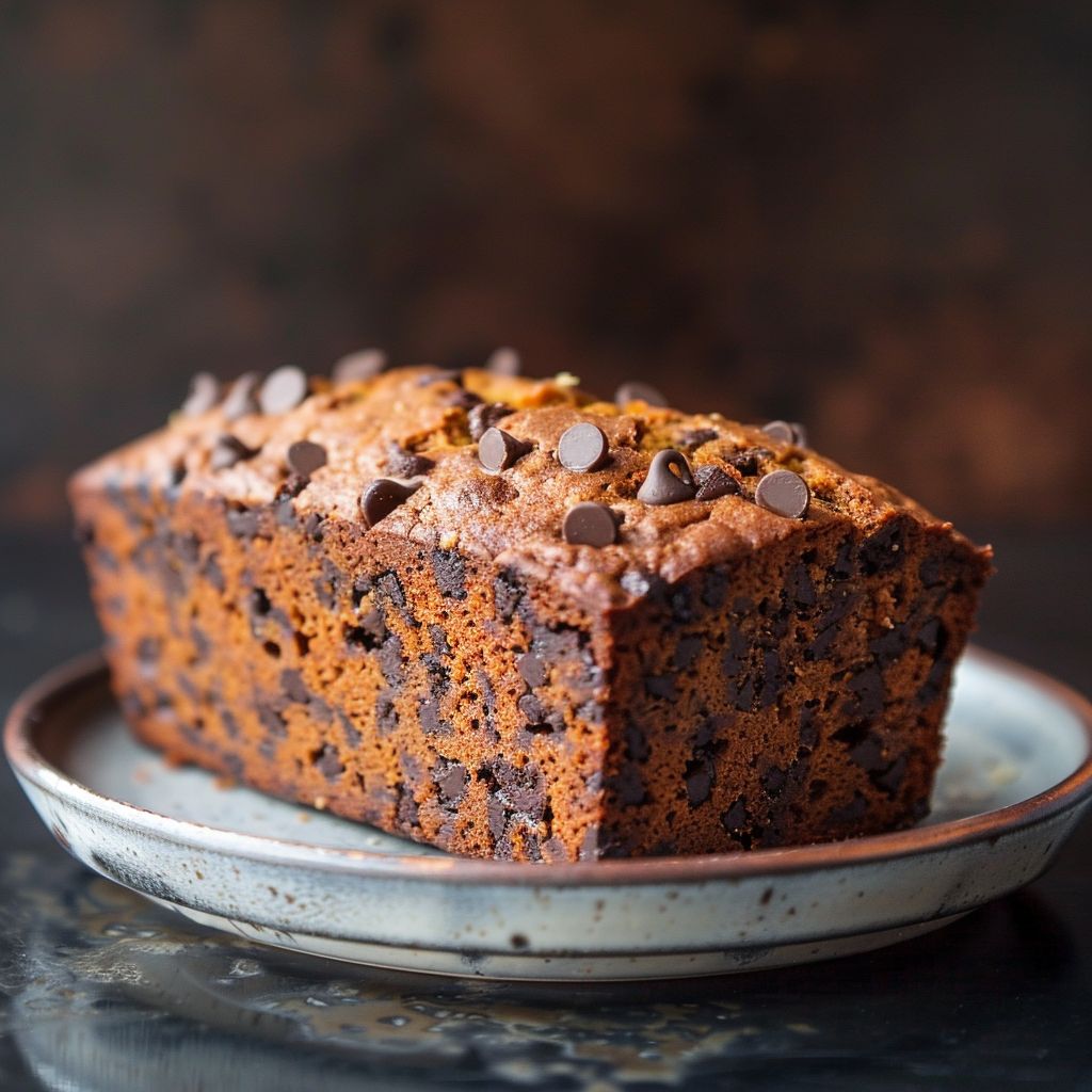 A slice of moist chocolate chip pumpkin bread on a rustic wooden surface with a blurred background.