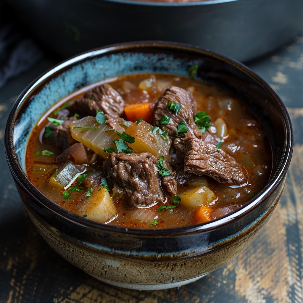 A rustic bowl of hearty beef stew filled with tender beef chunks and colorful vegetables, garnished with herbs.
