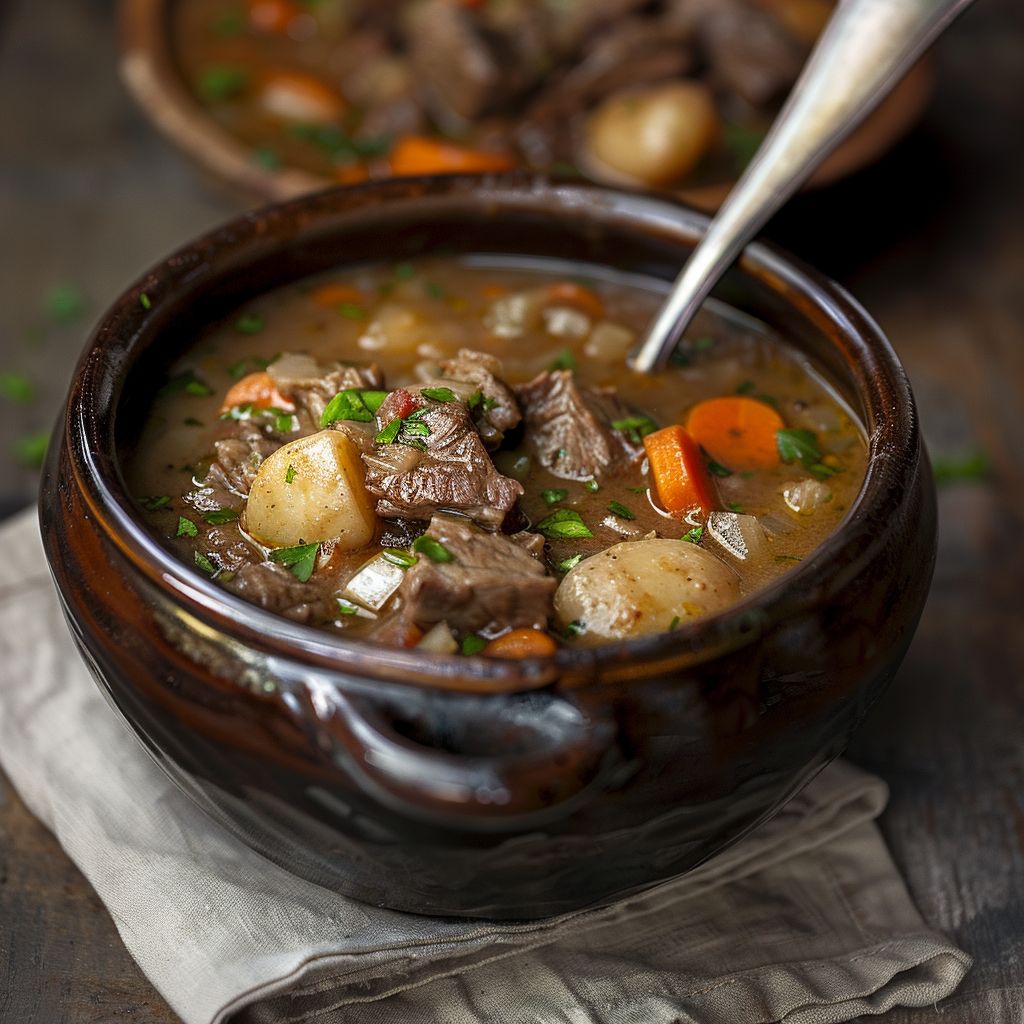 A close-up of a rich, hearty beef stew with chunks of meat and vegetables in a bowl.