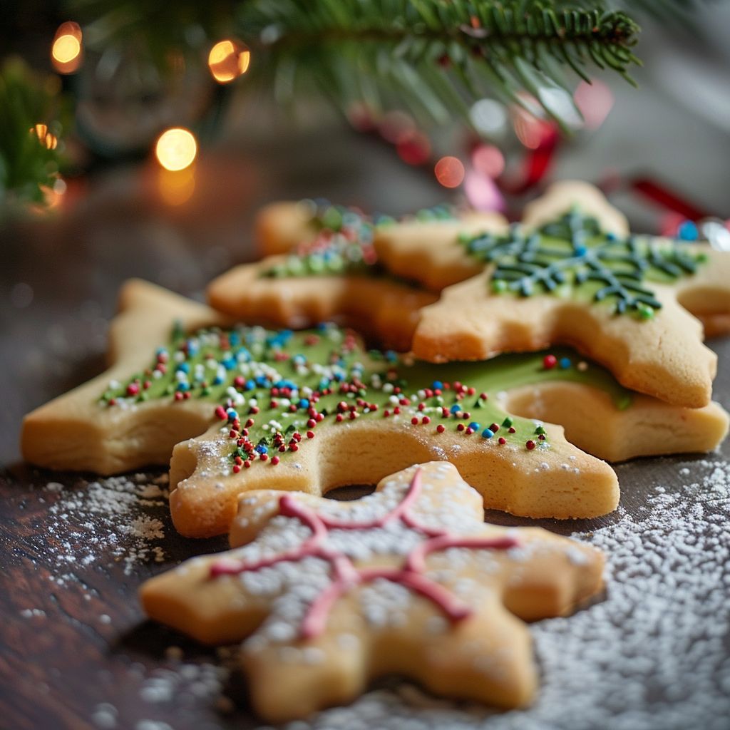 A close-up of large Christmas cookie cutters on a wooden surface, highlighting intricate designs.