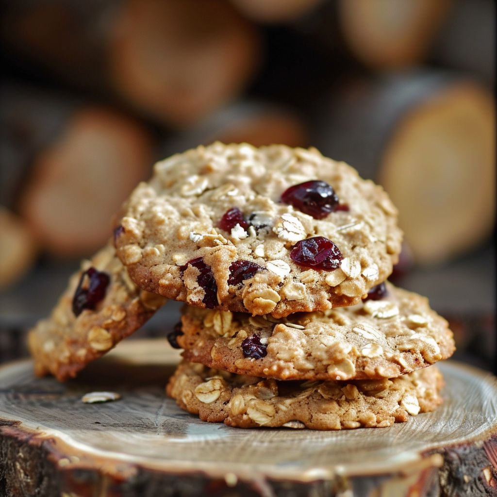 Freshly baked white chocolate oatmeal cranberry cookies stacked on a rustic wooden table.