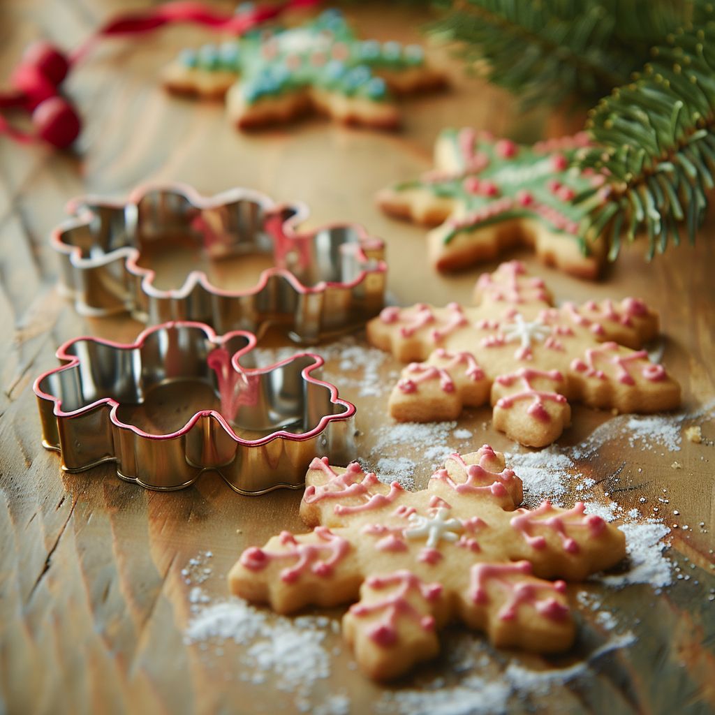 Close-up of large Christmas cookie cutters in various festive shapes like stars, trees, and snowflakes.
