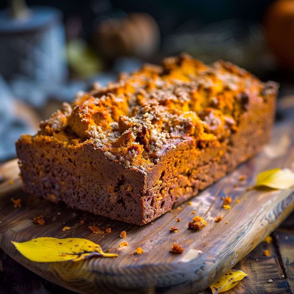 A loaf of freshly baked pumpkin bread on a wooden cutting board, surrounded by pumpkin seeds and spices.