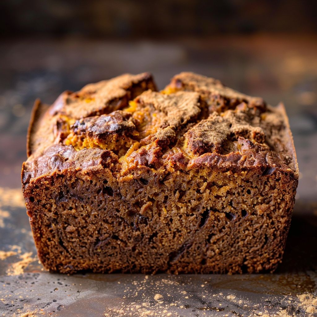 A close-up of a slice of cinnamon pumpkin bread with a golden-brown crust and soft texture.