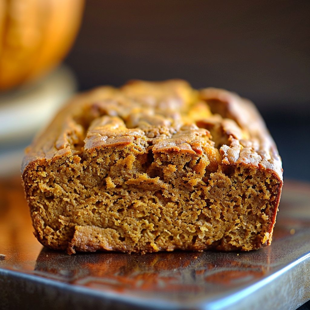 A slice of moist pumpkin bread topped with brown sugar pecans on a wooden surface.