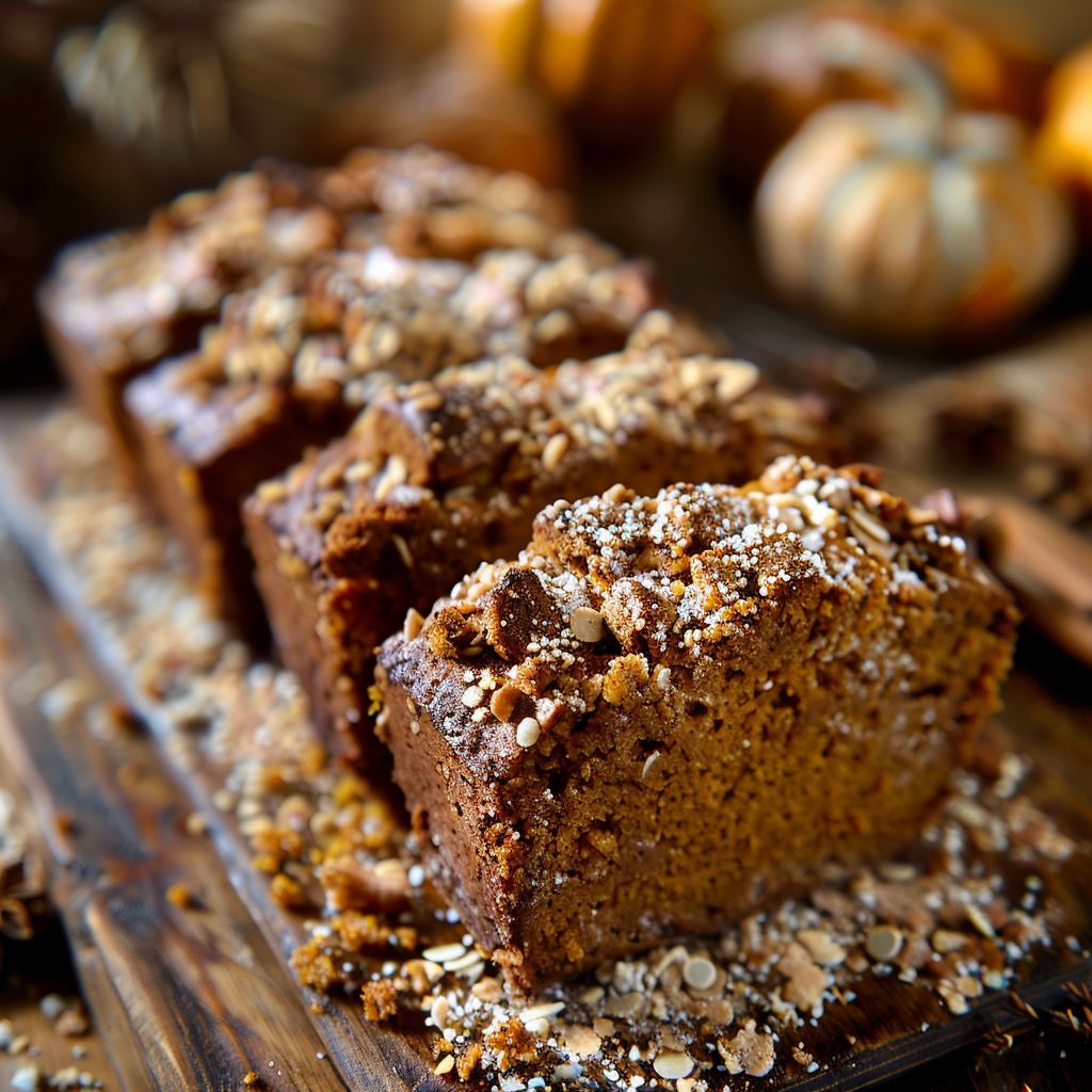 A sliced piece of moist pumpkin bread topped with brown sugar pecans on a wooden surface.