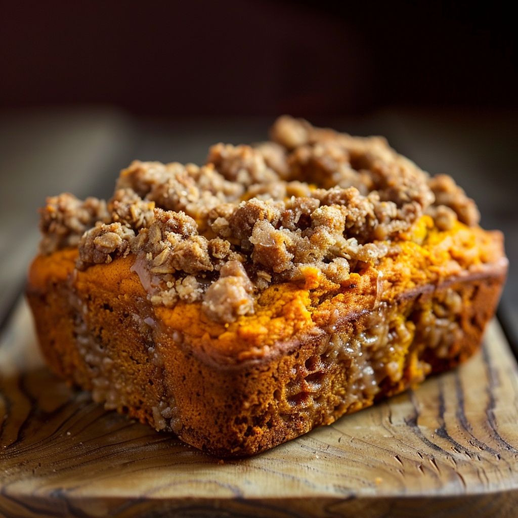 A freshly baked pumpkin bread topped with a golden brown streusel, displayed on a wooden cutting board.