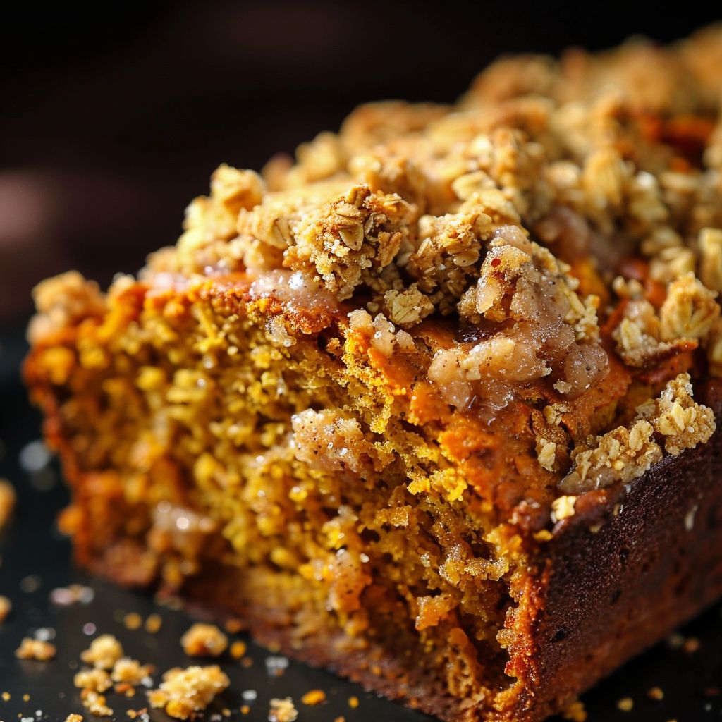 A freshly baked pumpkin bread topped with a crumbly streusel, displayed on a wooden board.