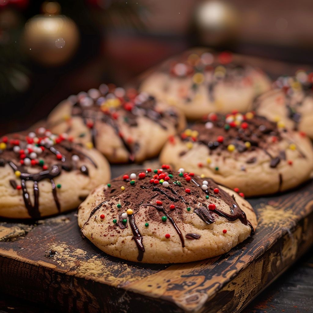 A close-up of beautifully decorated Christmas cookies with icing and sprinkles on a wooden table.