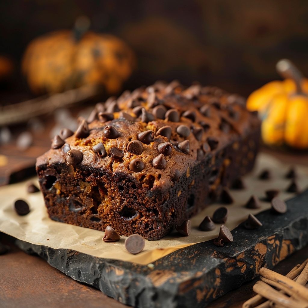 A slice of moist chocolate chip pumpkin bread on a rustic wooden surface with a blurred background.
