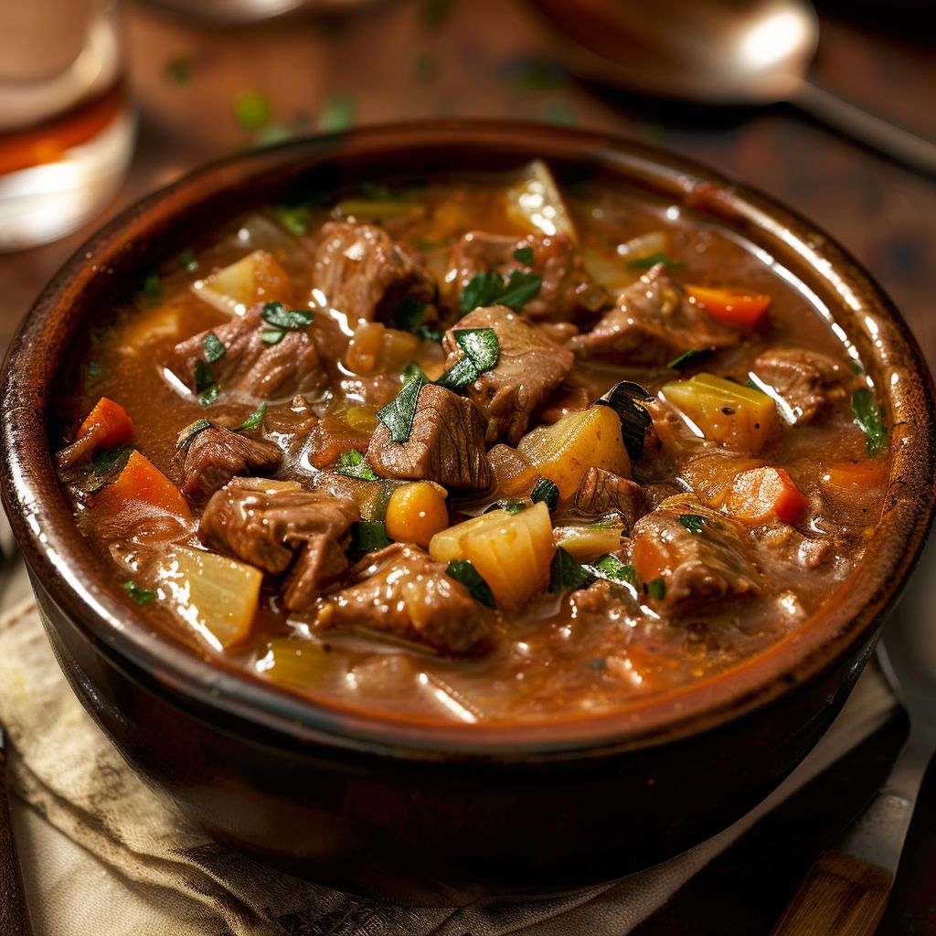 A rustic bowl of hearty beef stew filled with tender beef chunks and colorful vegetables, garnished with herbs.