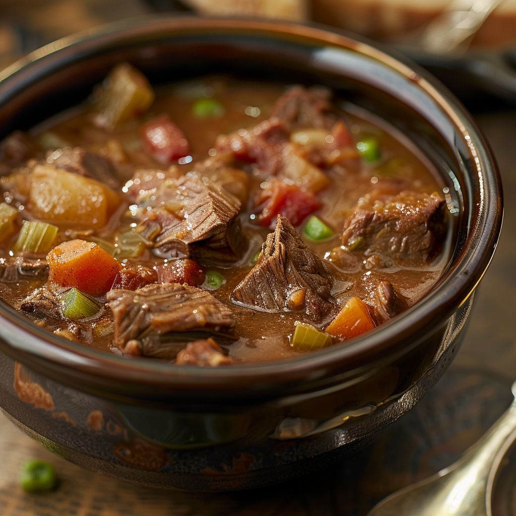 A close-up of a rich, hearty beef stew with chunks of meat and vegetables in a bowl.