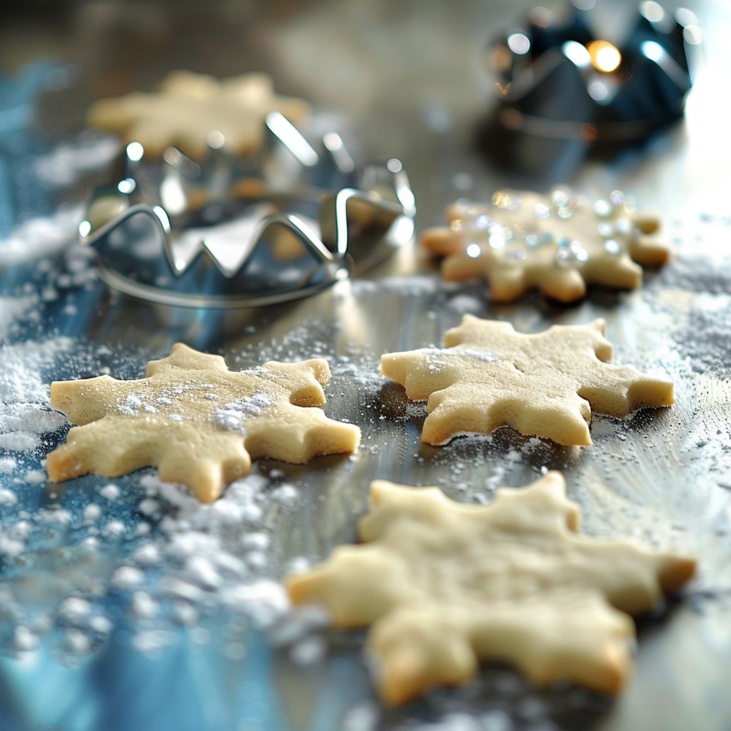A close-up of large Christmas cookie cutters on a wooden surface, highlighting intricate designs.