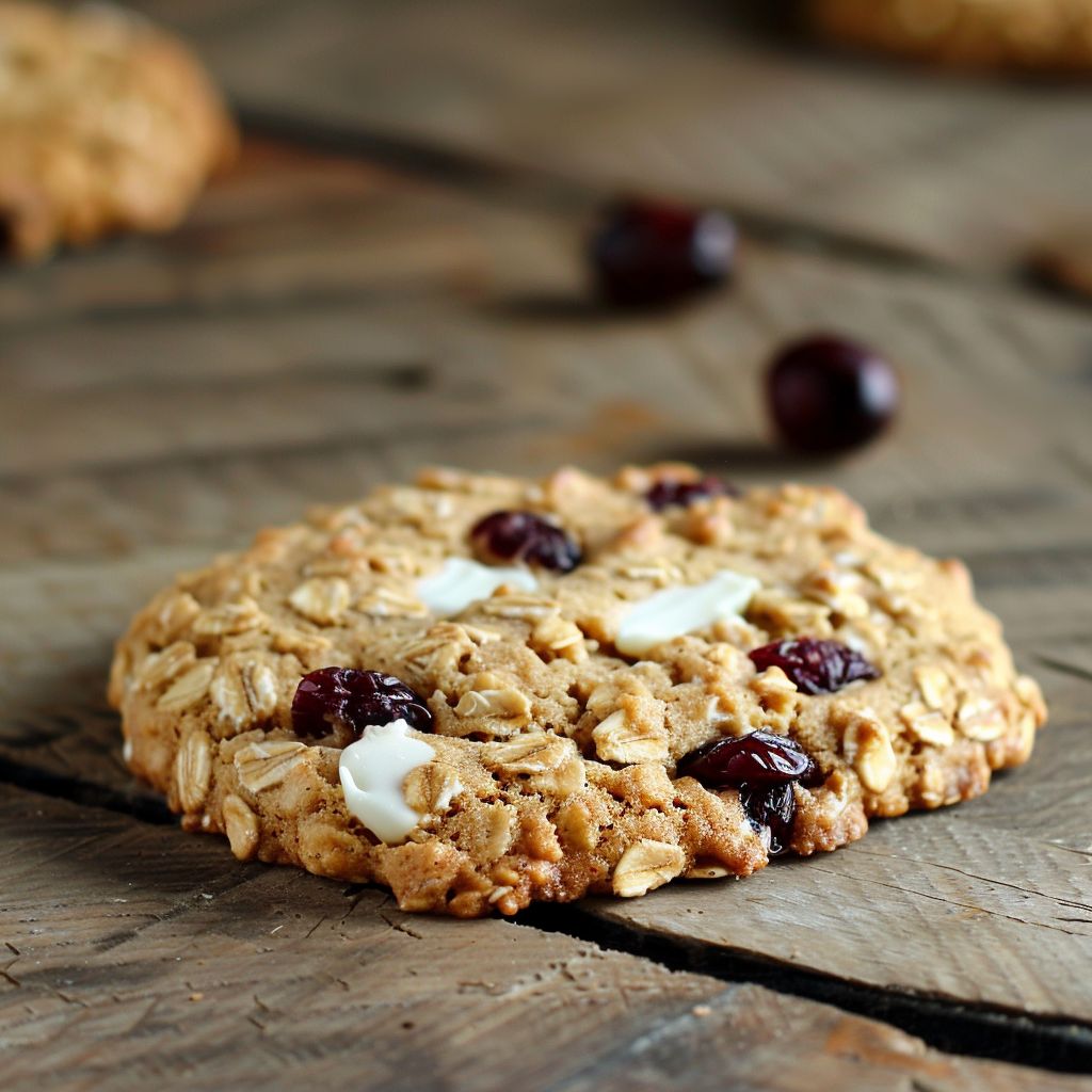Freshly baked white chocolate oatmeal cranberry cookies stacked on a rustic wooden table.